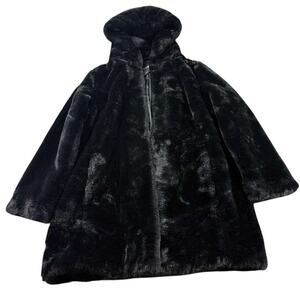 DKNY Coat Women‎ M Black Faux Fur Hooded Clasp Closure Long Sleeve Lined Plush